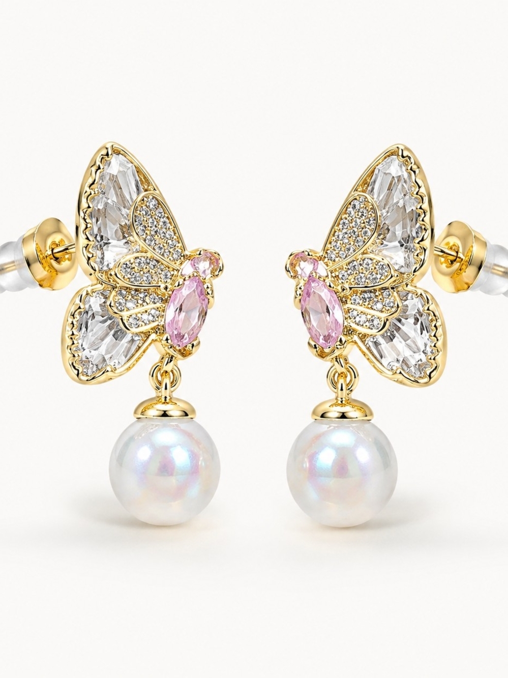 Laminated Gold Butterfly Pearl Drop Earrings with Pink Crystal Accents